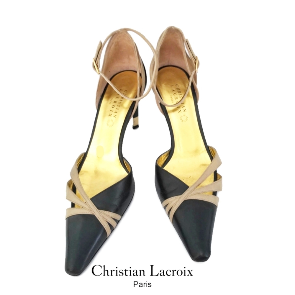 CHRISTIAN LACROIX ankle strap Heels womens size 7.5 two tone green gold holiday